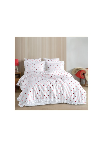 Fırfırlı Kalpli Çift Kişilik Nevresim Takımı 4 Yastık Kılıfı Lastikli Çarşaflı 200x220cm Çok Renkli