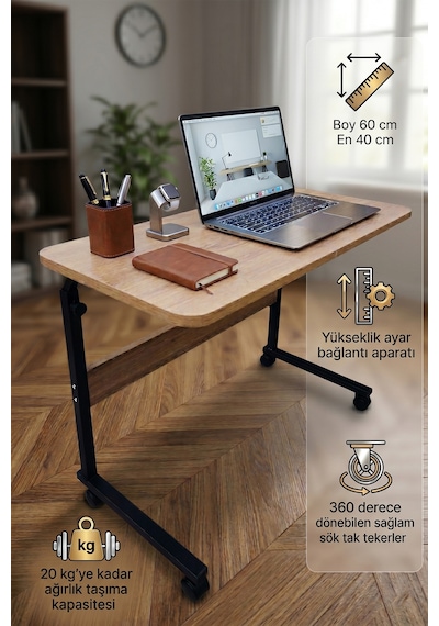 Laptop Sehpası Çalışma Masası Yükseklik Ayarlı Tekerlekli 60-40