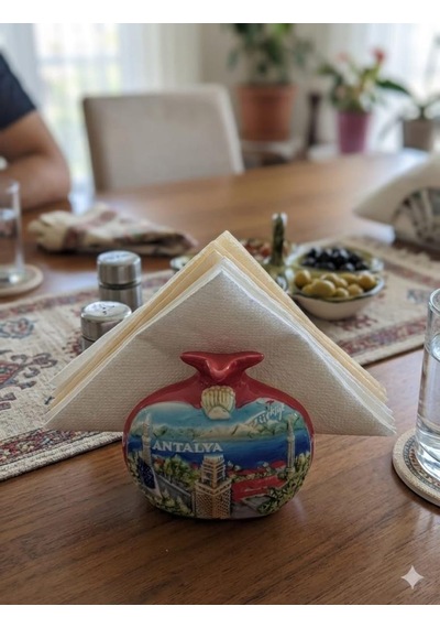 Peçetelik Nar Figürlü Antalya Temalı Dekoratif Seramik Masa Üstü Peçetelik 9x10 Cm Hediyelik Ev Dekoru Çok Renkli