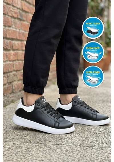 Walkway Siyah Beyaz Bağcıklı Hafif Unisex Cilt Spor Ayakkabı Costa G Siyah - Beyaz