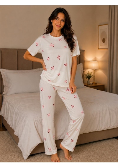 Esra Butik78 Kadın Milan Kumaş Kısa Kollu Pijama Takımı Beyaz/krem Desenli