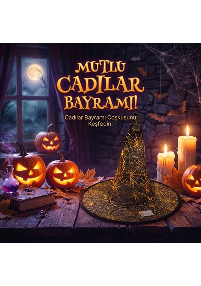 Gold Renk Cadı Ve Örümcek Baskılı Cadı Şapkası 32x37 Cm Çocuk