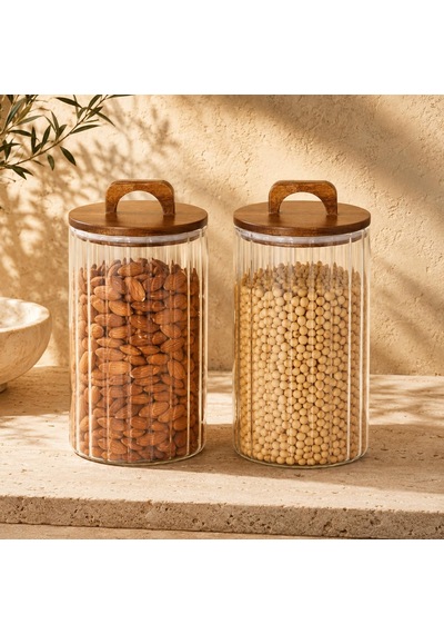 3200 Ml Zahire Kavanozu 2'li Set, Ahşap Kapaklı Kulplu Cam Erzak Saklama Kabı, Büyük Boy Bakliyat Makarna Kahve Kur Genel