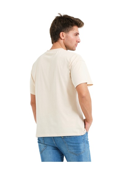 Justever 100% Pamuk Oversize Fit Bisiklet Yaka Bej Erkek T-shirt - Alpha Bej