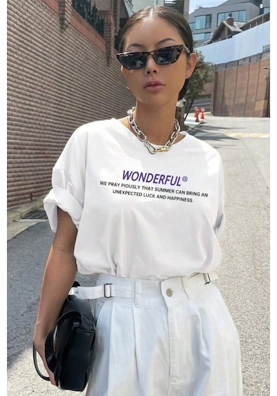 Flood Of Style Unisex Beyaz Bisiklet Yaka Wonderful Baskılı Oversize