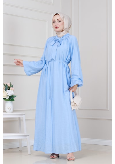 Sevitli Yakası Bağcıklı Lara Elbise-bebe Mavi-5326 Bebe Mavi