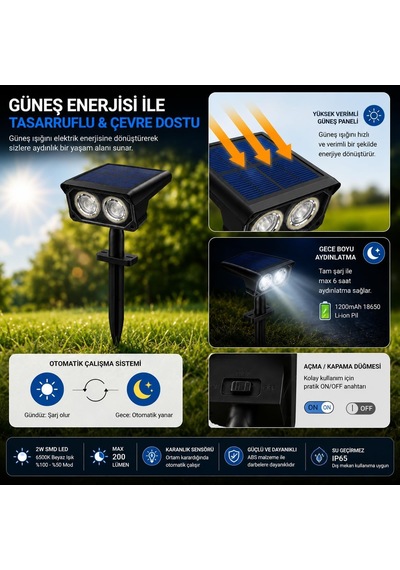Solar Bahçe Lambası 2w Smd Led, Toprak Çubuklu, Güneş Enerjili Bahçe Aydınlatma, 6500k Beyaz Işık, Karanlık Sensörlü, 200 Lümen, Çim Lambası, Pt-b211