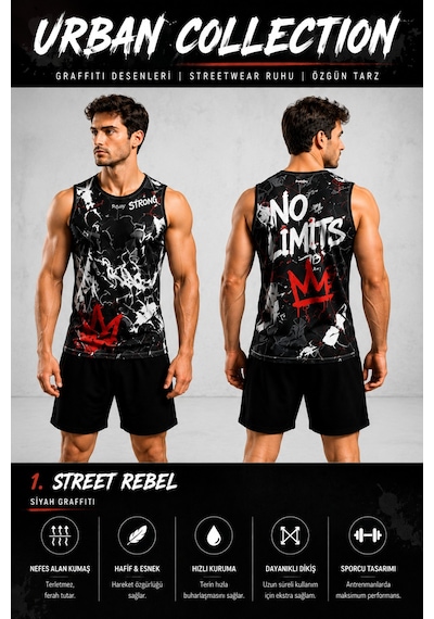 Beydex Erkek Nem Emici Hızlı Kuruma Urban Collection Sporcu Sıfır Kol T-shirt Gym Siyah