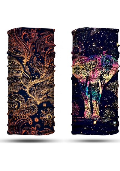 Dair Altın Yaprak - Şans Fili Desenli 2'li Set Boyunluk Bandana Outdoor Balaklava Yüz Maskesi Kafa Bandı