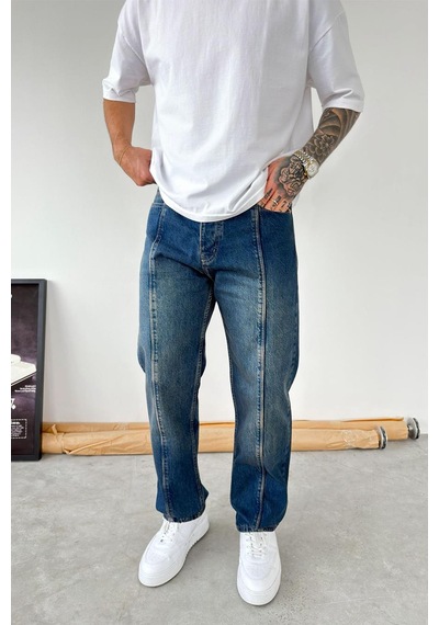 Vintage Mavi Ön Tasarım Çımalı Baggy Pantolon