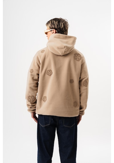 Respire Erkek Süzene Nakış Detaylı Kapüşonlu Oversize Polar Hoodie Bej