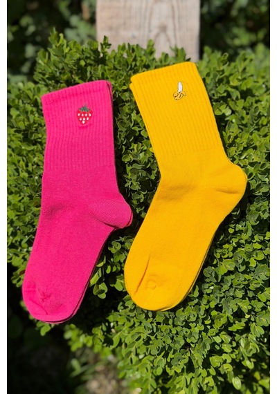 Lousocks Unisex Çilek Ve Muz Nakışlı 2'li Tenis Spor Çorap Çok Renkli