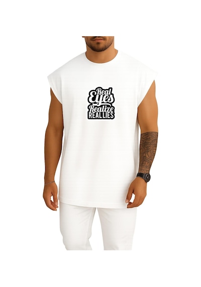 Bahriyeli Collection Oversize Gerçek Gözler Gerçek Yalanları Fark Eder Göğüs Baskılı Atlet Beyaz