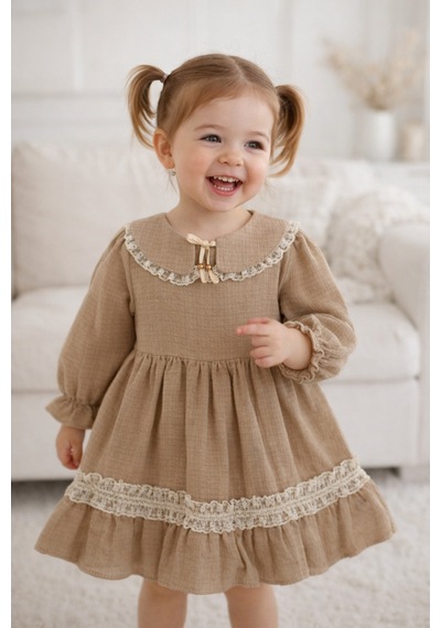 Babyhola Bayramlık Kız Bebek Elbise Dantel İşlemeli Bebe Yaka Vintage Müslin 2017 Kahverengi