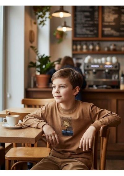 Zekids Erkek Çocuk Pamuklu Manzara Baskılı İnce Uzun Kollu Sweatshirt-16341 Kahverengi