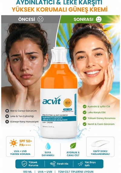 Acvit Aydınlatıcı ve Leke Karşıtı Yüksek Korumalı Güneş Kremi SPF50+ 100 ML