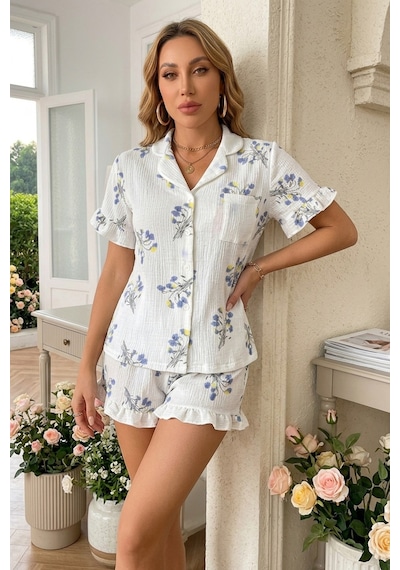Bella Notte Mavi Çiçek Baskılı Fırfırlı Pijama Takımı