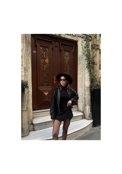 Merstore Yeni Sezon Kadın Bomber Deri Ceket Siyah Siyah