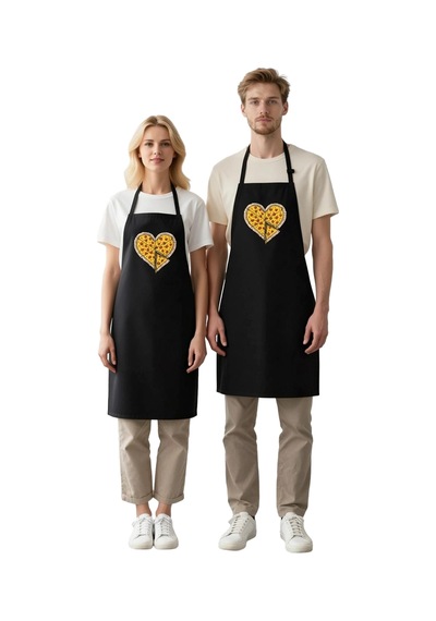 Erkek Unisex Mutfak Aşçı Önlüğü Pizza Kalp Baskılı Rahat Kesim Gü Siyah