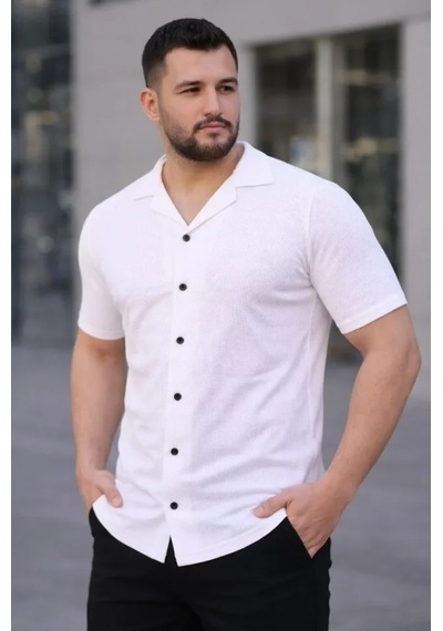 Etiler Collection Erkek Waffle Kumaş Kısa Kollu Düğmeli Açık Yaka Regular Fit Gömlek - Beyaz