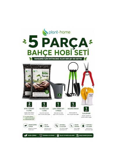 Bahçe Hobi Seti 5 Parça 10 Litre Bitki Toprağı 2x5 Litre , Bahçe El Aletleri Seti, 1 Litre Sulama Kabı, Budama Makası Ve İş Eldiveni