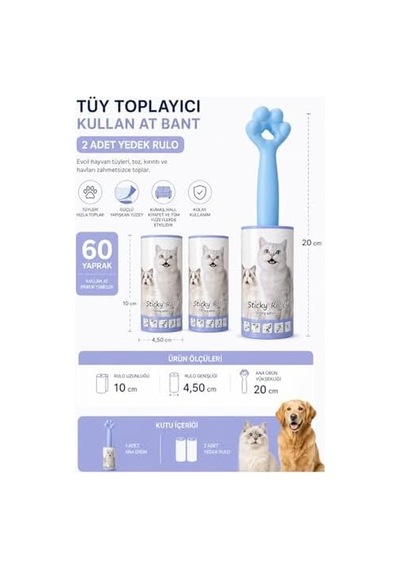 Kedi Patili Tüy Toplayıcı Sticky Roller Seti 60 Yapraklı Güçlü Yapışkanlı Kullan At Bant + 2 Adet Yedek Rulo Evcil Hayvan Tüyü, Toz Ve Kıl Temizleyici Pratik Rulo Mavi