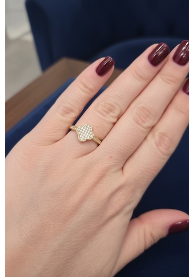 Valmont Accessories Ayarlanabilir Kristal Taşlı Altın Sarısı Yonca Yüzük Zarif Işıltılı Kadın Yüzük