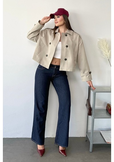 Jee Lee Kadın Gömlek Yaka Düğmeli Kısa Trençkot Taş - 27k 3056