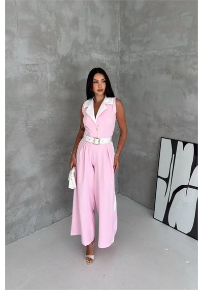 Neşeli Butik Kadın Pembe Çift Renkli Kemerli Şerit Detaylı Tam Boy Kolsuz Tulum Nbk087