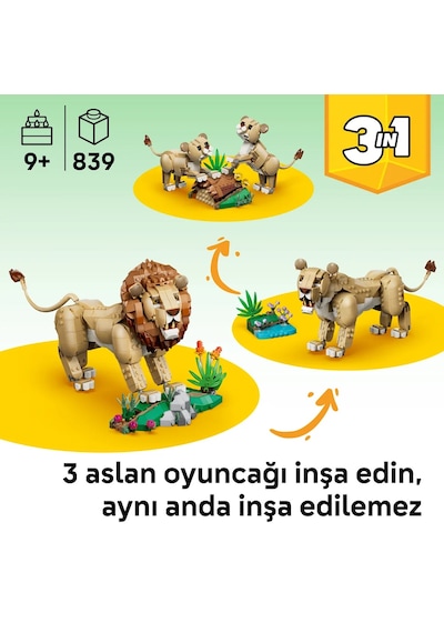 LEGO® Creator 3’ü 1 Arada Vahşi Hayvanlar: Görkemli Aslan 31386 - 9+ Yaş için Figürler İçeren Oyuncak Yapım Seti (839 Parça)