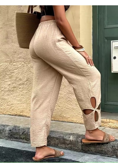 Efnaz Style Kadın Yüksel Beli Lastikli Yan Detayı Çiçek Desenli Pantolon Bej