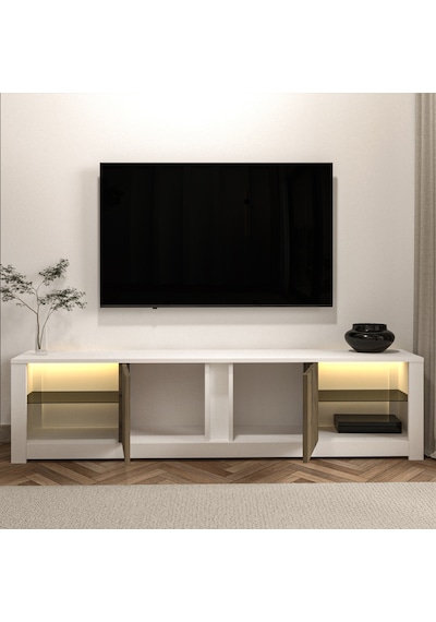 Aydos LED Işıklı Modern TV Sehpası – Cam Raflı, 2 Kapaklı, 180 cm, Beyaz/Antik Ceviz