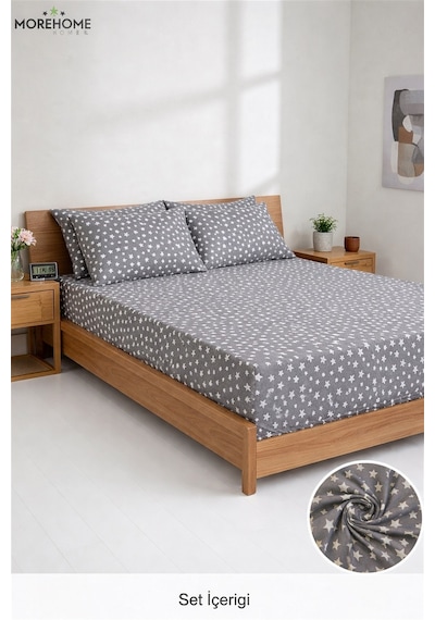 More Home Çift Kişilik Lastikli Çarşaf Seti + Yastık Kılıfı Gri Yıldızlı Beyaz