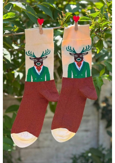 Lousocks Unisex Geyik Desenli Renkli Soket Çorap Bej