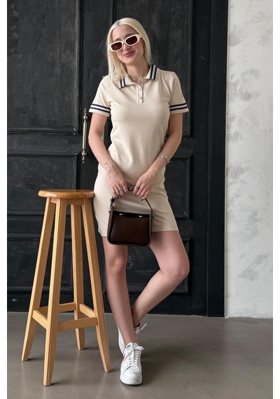 Madmext Bej Polo Yaka Şerit Detaylı Kadın Elbise Mg2344