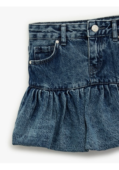 Koton Pamuklu Düğmeli Yıpratmalı Cepli Mini Balon Denim Etek Orta İndigo 6skg70001ad İndigo