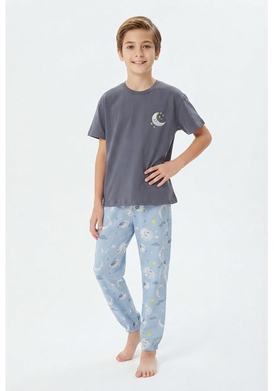 Bunny Hopp Erkek Çocuk Pijama Takımı %100 Pamuk Ay Ve Yıldız Nakışlı Yazlık Kısa Kollu Gri
