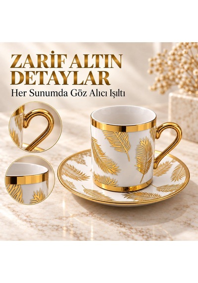 Valkyrie 12 Parça 6 Kişilik 80 Ml Türk Kahvesi Fincan Takımı Gold Yaprak Desenli K654-b