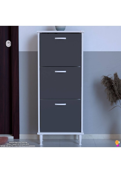 Modilayn Varbi Kapı Önü 52 X 127 X 25,5 Cm Lik 3 Düşer Kapak 6 Göz Bölmeli Ayakkabılık Antrasit - Beyaz