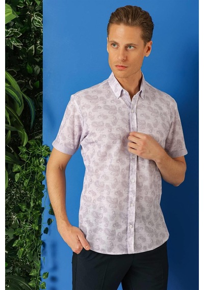 Efor Slim Fit Düğmeli Yaka Şal Desenli Kısa Kol Pamuk Lila Gömlek G 1501 Lila