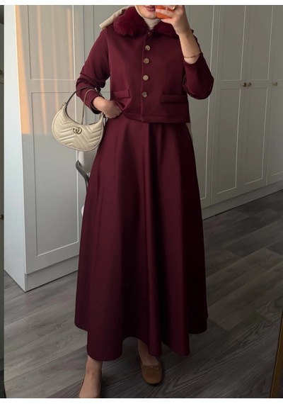 Molly Nelly Kadın Yaka Kürk Detaylı Skuba Etekli Takım Bordo