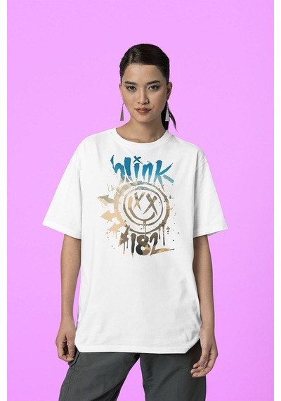 Blink 182 Gülen Yüz Baskılı Unisex Oversize Tişört Beyaz