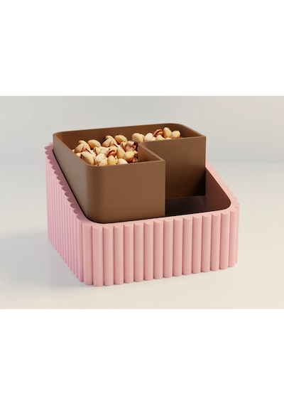 3d Baskı Fıstık Kasesi - Çift Hazneli Kabuk Ayırıcı Sunum Kasesi - Pembe Kahverengi