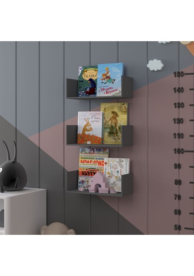Asra Trend Çocuk Odası Duvar Rafı Kitaplık ÇR-03 %100 MDF 3'lü Set Antrasit