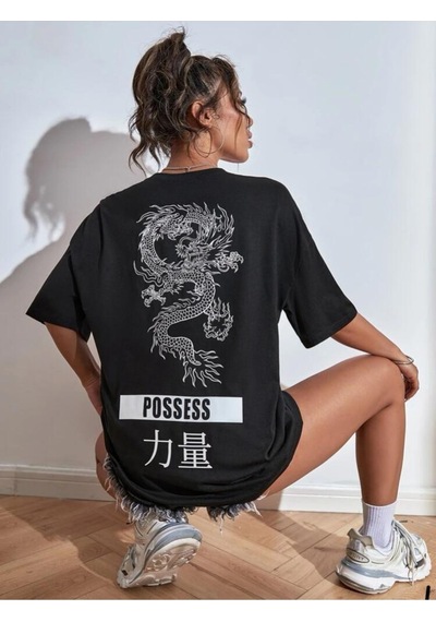 Kadın Siyah Oversize Pamuk Dragon Baskılı T-shirt Siyah