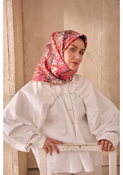 Twill İpek Eşarp 11473-42 Açık Vizon, Nar Çiçeği, Pembe, Antrasit