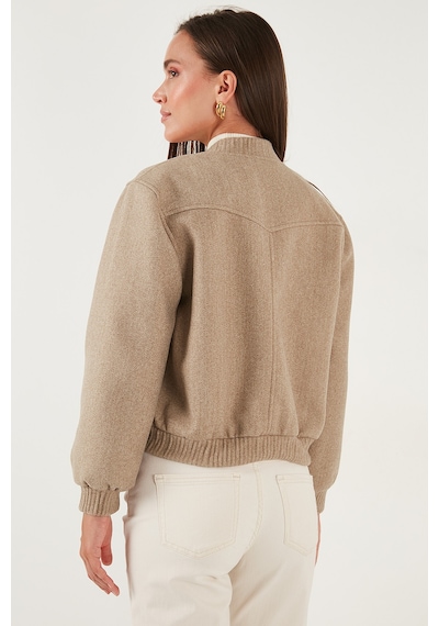 Lela Loose Fit Sıfır Yaka Çıtçıtlı Kaşe Kısa Bayan Mont 6810178 Bej