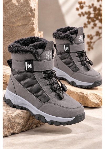 Muggo Peak İçi Kürklü Cırtlı Ve Bağcıklı Unisex Çocuk Kar Botu Gri