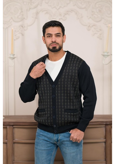 Woolen World Regular Fit V Yaka Ön Cepli Desenli Triko Hırka Lacivert