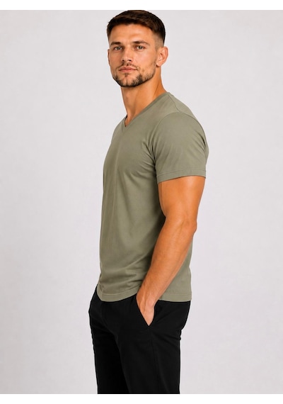 Axxel Erkek Açık Haki Pamuklu V Yaka Kısa Kollu T-shirt-d804
